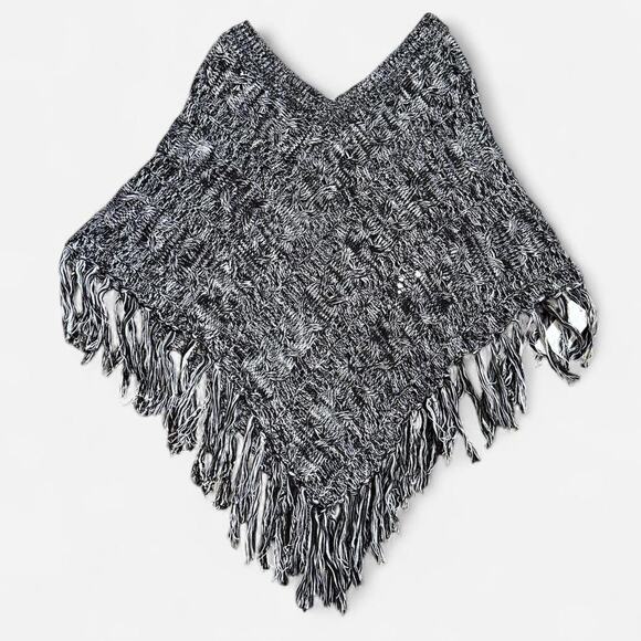NWT John Paul Richard Black & White Crochet Knit Tassel Fringe Sweater Poncho OS - Picture 6 of 8